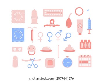 Contraception Colored Flat Icons Set. Birth Control Methods. Contraceptive Patch, Hormonal Ring, IUD, Injection, Pills, Diaphragm, Condom, Sponge, Spermicides, Sterilization. Safe Sex Vector Elements.