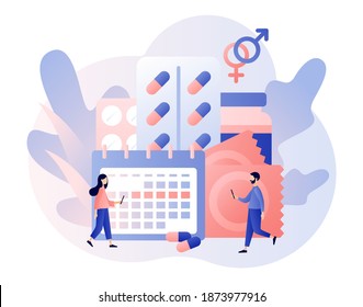 Contraception concept. Contraceptive methods in sexual and reproductive health. Safe sexual behavior, birth fertility control. Modern flat cartoon style. Vector illustration on white background
