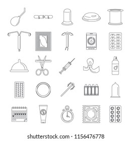 Contraception Day control pill medication oral test icons set. Outline illustration of 25 Contraception Day control pill medication oral test vector icons for web