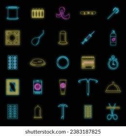 Empfängnisverhütungsmedikament Arzneimittel für Pille orale Testsymbole Set. Umriss-Illustration von 25 Empfängnisverhütungsmedikamenten Orale Test-Vektorsymbole Neonfarbe auf Schwarz