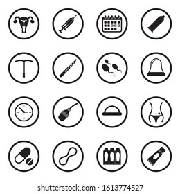 Contraception Icons. Black Flat Design In Circle. Vector Illustration.