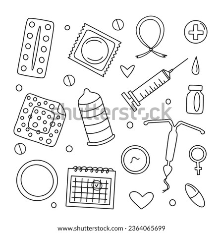 Contraception lineart design, hand drawn sketch set of medical objects with titles, health care and educational concept, vector illustration on white background