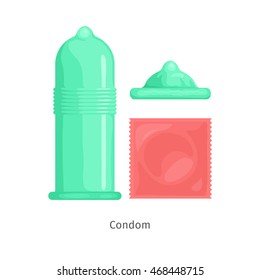 Contraception method condom. Contraceptive icons set. Safe sex. Disease prevention and birth control. Planning pregnancy. Flat vector illustration isolated on white background