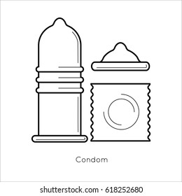 Contraception method condom. Contraceptive icons set. Safe sex. Disease prevention and birth control. Planning pregnancy. Flat vector illustration isolated on white background
