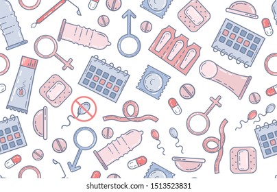 Contraception methods, birth control concept, medical illustration. Seamless pattern