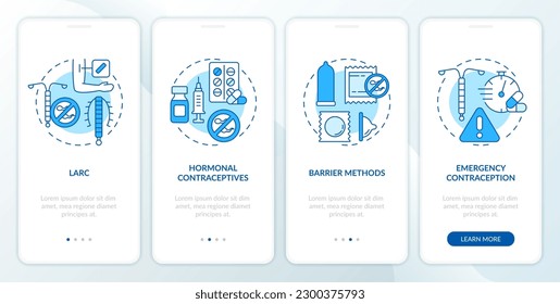 Métodos anticonceptivos pantalla azul de aplicación móvil a bordo. Recorrido de planificación familiar 4 pasos instrucciones gráficas editables con conceptos lineales. UI, plantilla UX. Multitud de tipos de letra Pro-Bold, con uso regular