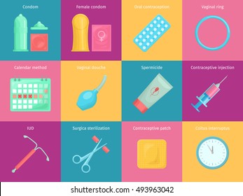 Contraception methods cartoon icons set with calendar injection and oral contraception symbols. Birth control vector illustration.