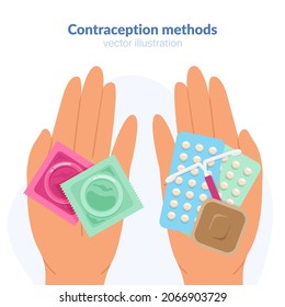 Contraception Methods. Hormonal Contraception Vs Barrier Method Of Contraception. Pregnancy, General Desesases Protection. Vector Illustration