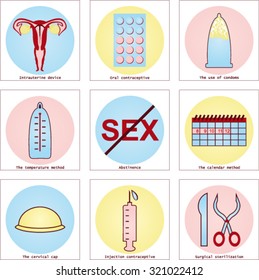 Contraception Methods Icon Set. Birth Control. Vector Illustration