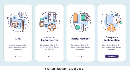 Métodos anticonceptivos a bordo de la pantalla de aplicaciones móviles. Recorrido sobre la salud de la mujer 4 pasos instrucciones gráficas editables con conceptos lineales. UI, UX, plantilla GUI. Multitud de tipos de letra Pro-Bold, con uso regular