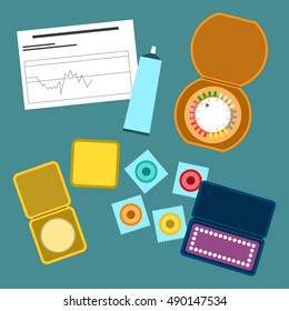 Contraception Methods Vector Illustration Condoms, Birth Control Pills, Diaphragm, Gels, Calendar Flat Design