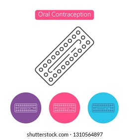 Contraception pills icon. Pharmacology drugs sign.Woman oral contraception. Medical birth control. Planning pregnancy. Flat vector illustration isolated on white background. Editable stroke.