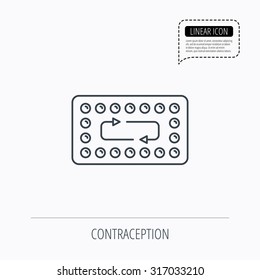 Contraception Pills Icon. Pharmacology Drugs Sign. Linear Outline Icon. Speech Bubble Of Dotted Line. Vector