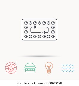 Contraception Pills Icon. Pharmacology Drugs Sign. Global Connect Network, Ocean Wave And Burger Icons. Lightbulb Lamp Symbol.