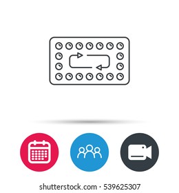 Contraception pills icon. Pharmacology drugs sign. Group of people, video cam and calendar icons. Vector