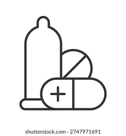 Contraception protection icon in line design. contraception, condom, pills, healthcare, birth control, protection, medical on white background vector. contraception editable stroke icon
