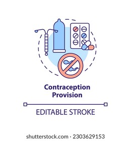Icono de concepto de provisión de anticoncepción. Método anticonceptivo. Control de la natalidad. Salud reproductiva. Ilustración de línea delgada de la idea abstracta de atención de la salud sexual. Dibujo de contorno aislado. Trazo editable