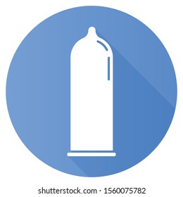 Contraceptive blue flat design long shadow glyph icon. Male latex condom. Rubber preservative for safe sex. Pregnancy prevention. Birth control. AIDs protection. Vector silhouette illustration