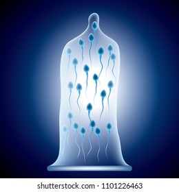 Contraceptive concept design,Sperm in a condom,Blue gradient background.