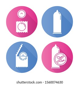 Contraceptive flat design long shadow glyph icons set. Safe sex. Male condom in package. Preservative. Birth control. Unwanted pregnancy prevention. HIV precaution. Vector silhouette illustration