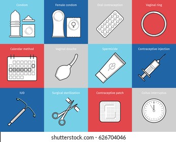 Contraceptive flat line vector icons. Planning pregnancy and birth control. Contraception methods - condom, oral contraception and patch, vaginal spiral and ring, spermicide, surgical sterilization