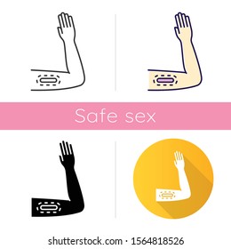 Contraceptive Implant Icon. Female Preservative. Pregnancy Prevention, Birth Control With Medical Procedure. Underskin Input On Arm. Flat Design, Linear And Color Styles. Isolated Vector Illustrations