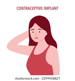 Contraceptive implant underneath female skin in flat design on white background. Birth control.