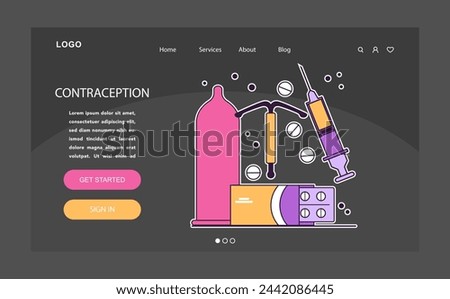 Contraceptive method dark or night mode web, landing. Reproductive health choice. Birth control, pregnancy prevention and hormonal cycle stabilization. Sex education. Flat vector illustration