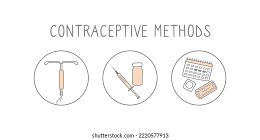 Contraceptive methods icon set. Prevent pregnancy linear simple illustration. Contraception signs. Vector