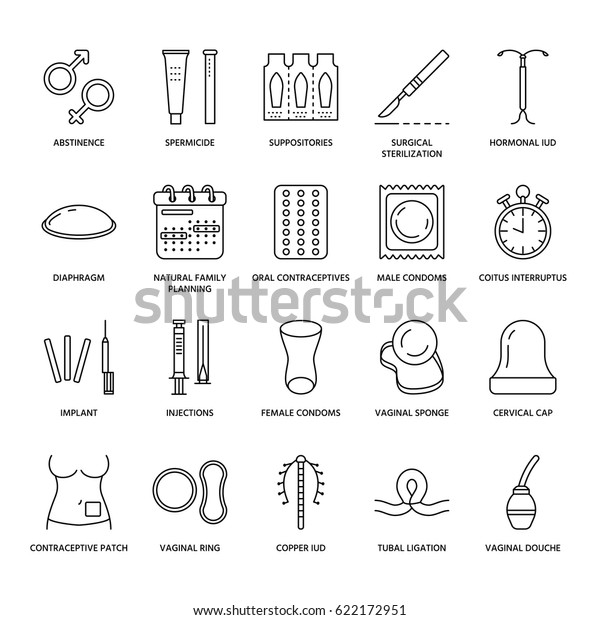 Contraceptive Methods Line Icons Birth Control Equipment Condoms Oral Iud Barrier 5236