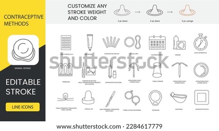 Contraceptive methods for pregnancy set of line icons in vector, illustration of birth control pills and spermicides, vaginal ring and calendar method, injections and spermicides. Editable stroke.