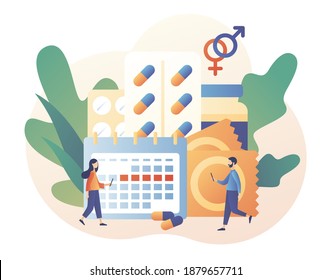 Contraceptive Methods In Sexual And Reproductive Health. Contraception Concept. Safe Sexual Behavior, Birth Fertility Control. Modern Flat Cartoon Style. Vector Illustration On White Background