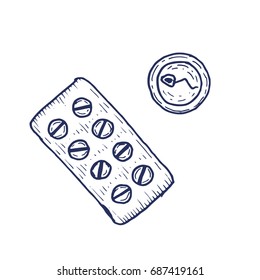 Contraceptive pill sperm and egg cell hand drawing. Vector illustration