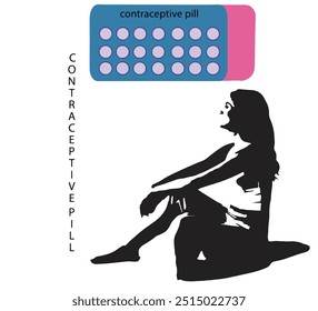 Concepto de píldoras anticonceptivas Ilustración vectorial. Control de la natalidad. La mujer se sienta en un paquete de anticonceptivos hormonales. 