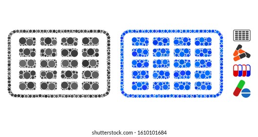 Contraceptives blister composition of round dots in different sizes and color tones, based on contraceptives blister icon. Vector round dots are united into blue illustration.