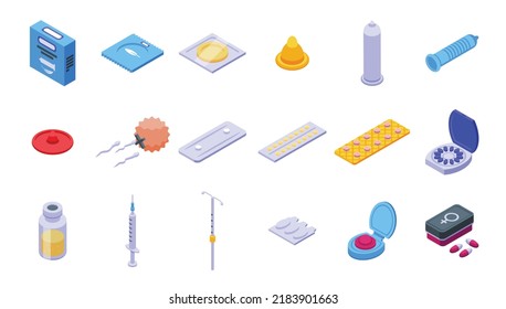 Los iconos de los anticonceptivos establecen un vector isométrico. Control de la natalidad. Límite natural