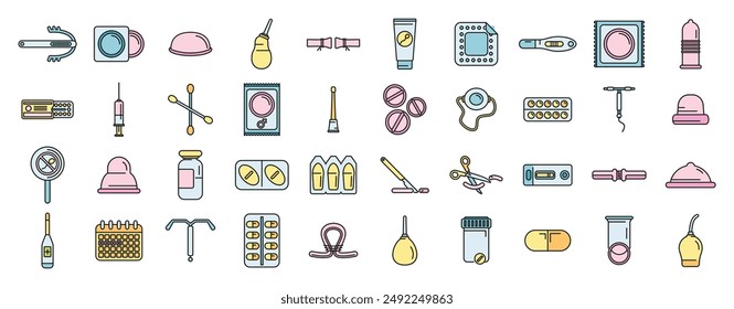 Los íconos de anticonceptivos definen el Vector. Control de natalidad. Tapa natural de línea fina de color plana sobre blanco