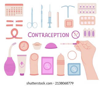 Contraceptives set cartoon vector. Birth control. Natural vaginal ring, condom, iud, implant, injection, diaphragm,patch, vaginal douche, pregnancy test, calendar, sterilization, pills, suppositories.