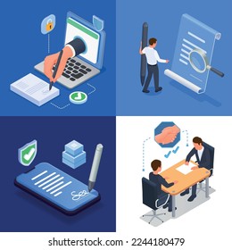 Contract agreement 2x2 design concept with people signing papers and putting electronic signature isolated isometric vector illustration