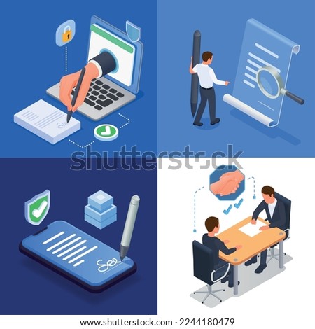 Contract agreement 2x2 design concept with people signing papers and putting electronic signature isolated isometric vector illustration