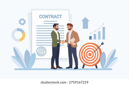 Contract agreement between two business people shaking hands. Business partnership concept. Successful partners standing and closing deal. Flat design vector illustration