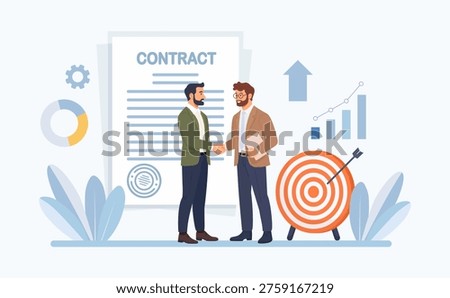 Contract agreement between two business people shaking hands. Business partnership concept. Successful partners standing and closing deal. Flat design vector illustration