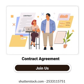 Geschäftskonzept der Vertragsvereinbarung mit zwei Personen, die Dokumente, Diagramme und Ordner in einer Büroumgebung diskutieren. Perfekt für Website-Design oder Zielseite