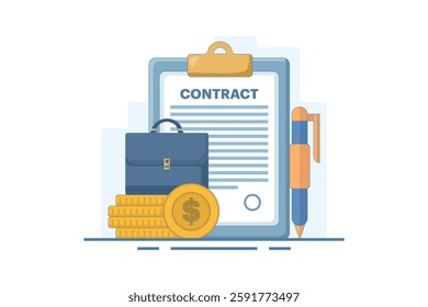 Contract Agreement Concept. Business agreement or contract on paper. Affiliate signs successful agreement with pen. Approved company financial contract. Flat vector illustration on background.
