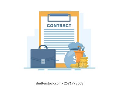 Contract Agreement Concept. Business agreement or contract on paper. Affiliate signs successful agreement with pen. Approved company financial contract. Flat vector illustration on background.