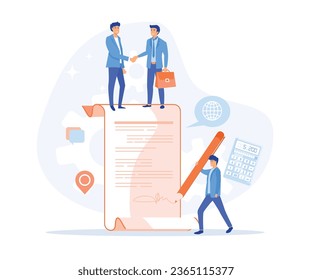 contract agreement concept, Business people standing on a signed contract agreement form, flat vector modern illustration