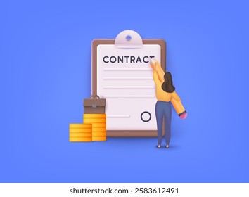 Contract Agreement Concept. Agreement or business treaty on paper page. Affiliate signing a successful deal with a pen. The concept of the approved financial contract of the company. 3D Vector 