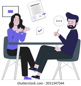 contract agreement concept flat design illustration, man and women discussing a contract. MOU, business deal, FNF sign 