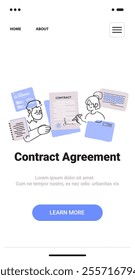 Contract agreement concept with people signing documents charts and folders in minimalist hand drawn style landing page design