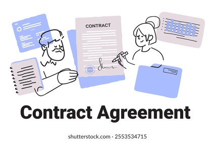 Contract agreement concept signing documents people charts files minimalist doodle style